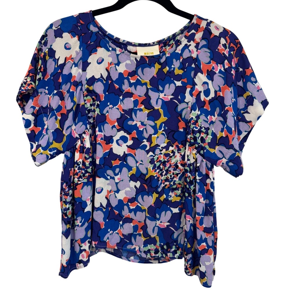 Maeve‎ Anthropologie Floral Blouse Blue Purple Short Sleeve Scoop Neck XS